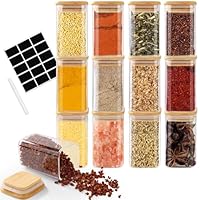 Cinnani 300ml Gewürzgläser Eckig Set luftdicht mit Holzdeckel, 12 Stück Gewürzdosen set Glas Gewürzbehälter Spice Jars Set Leere Gewürzflaschen mit Etiketten, Gewürzaufbewahrung für Kräuter & Tee