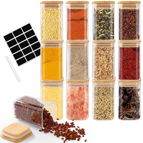 Cinnani 12 Bocaux à Épices CarréS en verre 300 ml avec Couvercle en Bambou, pot Epices Verre, RéCipient à éPices, Ensemble de Pots à ÉPices, Boite a Epices Cuisine Rangement avec Étiquettes Vierges