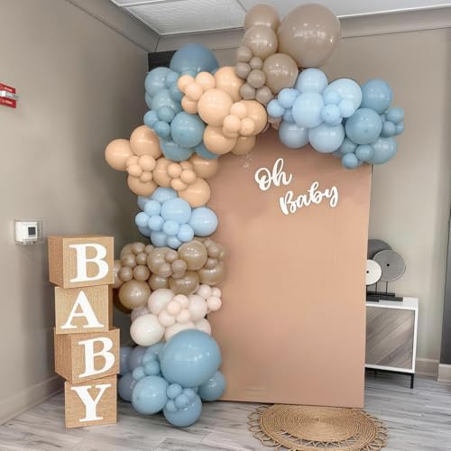 Image of Dusty Blue Neutral Balloons, 12Inch Retro Blue Boho Apricot Latex Balloons, Double Stuffed Nude White Party Balloon for Boho Baby Shower Boys Birthday Wedding Bear Theme Newborn Welcome Party Decor
