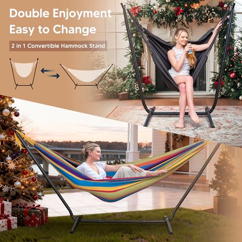 Image of SUNCREAT 2-in-1 Convertible Backyard Fabric Hammock with Stand, Rainbow