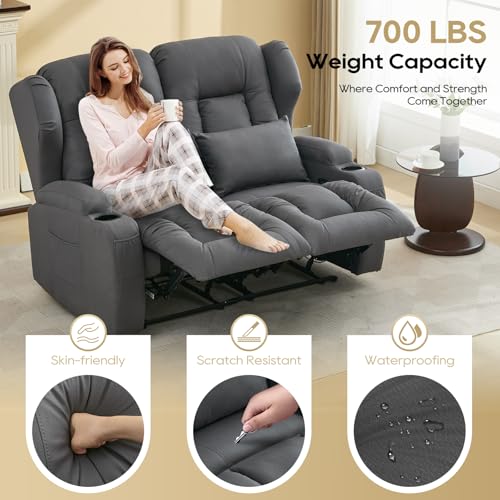 Image of IPKIG 54.2 inch RV Loveseat Recliner Sofa, Leathaire Fabric Wall Hugger Reclining Chair with Cup Holder and Side Pockets, Home Theater Seating Manual Recliner for Living Room (Grey, Loveseat)