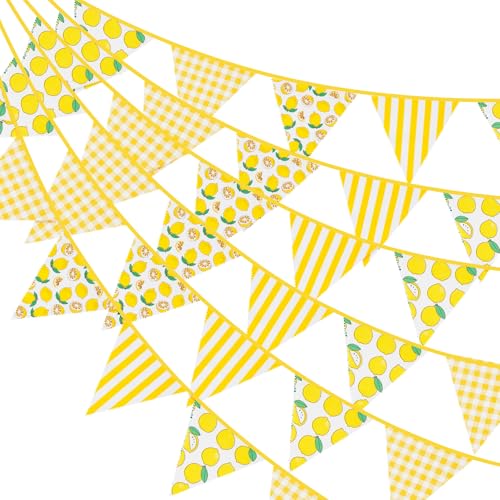 G2PLUS Guirnalda de Banderines Limón 12m de Algodón: 42 Banderines Triangulares con Motivo de Limón y Rayas Amarillas y Blancas, para Fiestas de Cumpleaños, Niños, Baby Shower, Exteriores