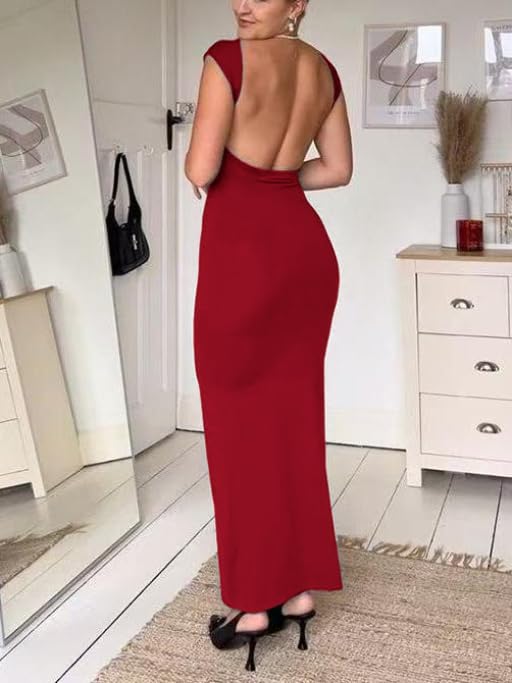 Image of AYWA Womens Sexy Backless Maxi Dress Casual Bodycon Boat Neck Short Sleeve Party Club Long Dresses
