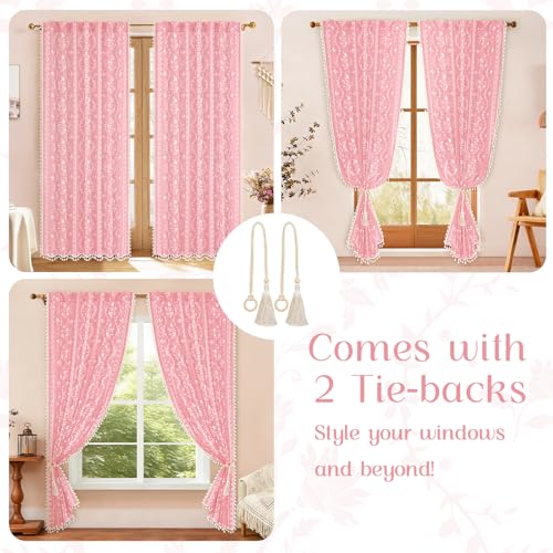 Image of Yinhua Boho Curtains for Living Room 63 Inch Length Vintage Linen Pink Curtains for Bedroom Light Filtering Floral Window Curtain Rod Pocket & Back Tabs Farmhouse Rustic Tassel Drapes with Tiebacks