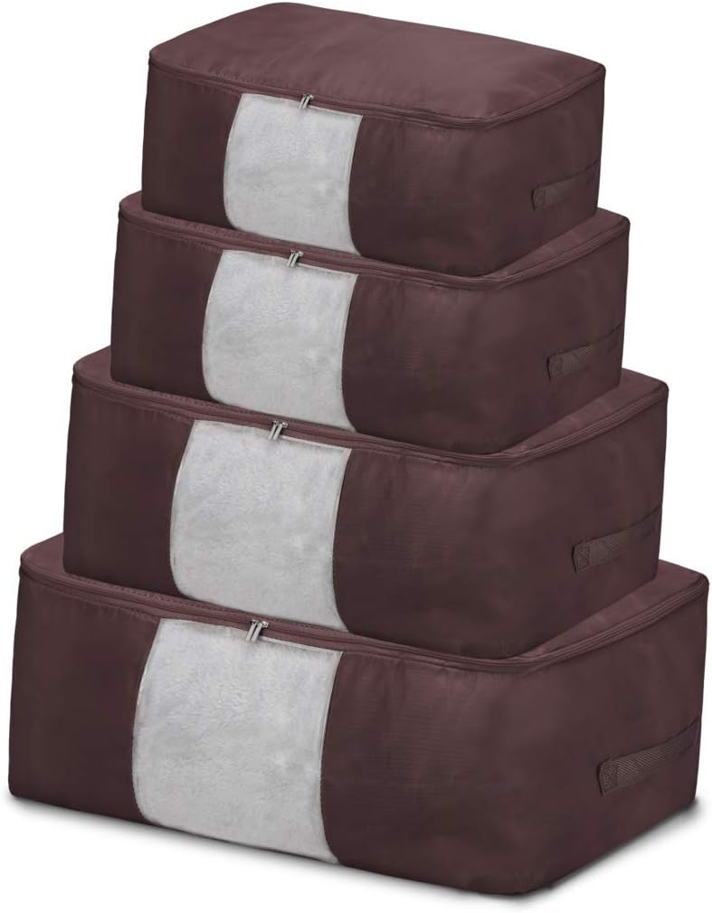 4 Different Size UnderBed Storage Bags with Clear Window, Large Size Foldable Clothes Storage Bags With Reinforced Handles, Soft Bags for Comforters, Bedding, Duvets, Closet, Sweater, Blankets(Brown)