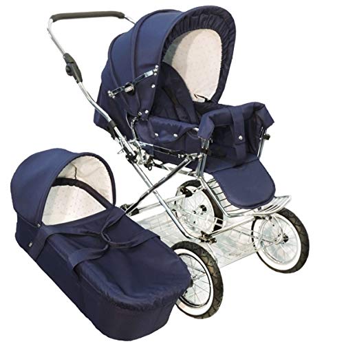 Eichhorn Kinderwagen 417RFS-K041-AIR-FTC Kombikinderwagen mit Lederriemengestell mit Schiebehöhenverstellung mit Fester Tragetasche LuxVariante Luftrad marineblau, blau