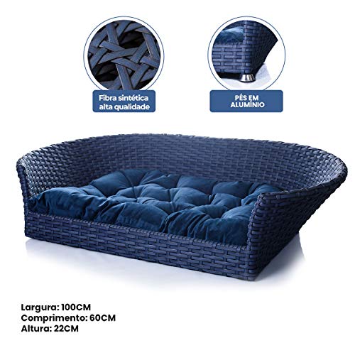 Cama Pet Cachorro Porte Grande Até 25kg 100x60Cm Fibra Sintética Azul Luxo Veludo - BedFurPets