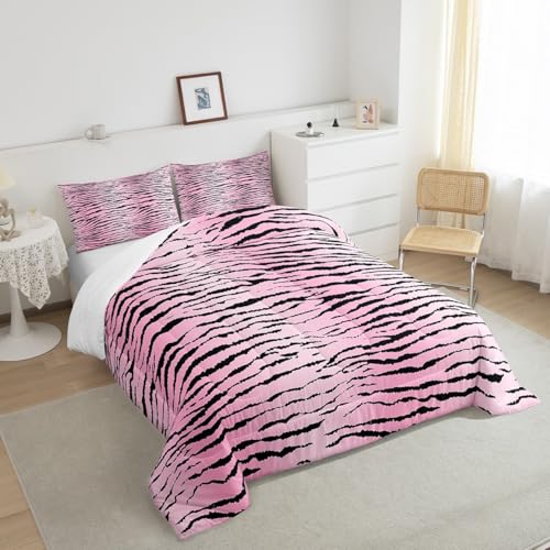Image of Feelyou Kids Queen Pink Zebra Comforter Queen Size, Zebra Stripes Comforter Set for Boys Girls Pink Black Bedding Set Zoo Animal Fur Print Duvet Set Microfiber Bed Set