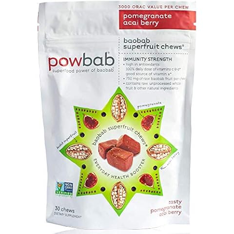 powbab Baobab Superfruit Chews - 750mg Raw Baobab Powder Organic. Immune Superfood Supplement, 100% Antioxidants for Cold Season Vitamin C. Acai Berry Powder Pomegranate Supplement, Non GMO, 30 Chews Cover