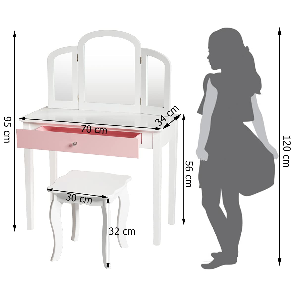COSTWAY Coiffeuse pour Enfants avec Miroir à Trois Volets, Ensemble de Coiffeuse 2-en-1 avec Dessus Amovible, Tabouret Inclus, Jeu de Simulation de Beauté pour Filles (Blanc)