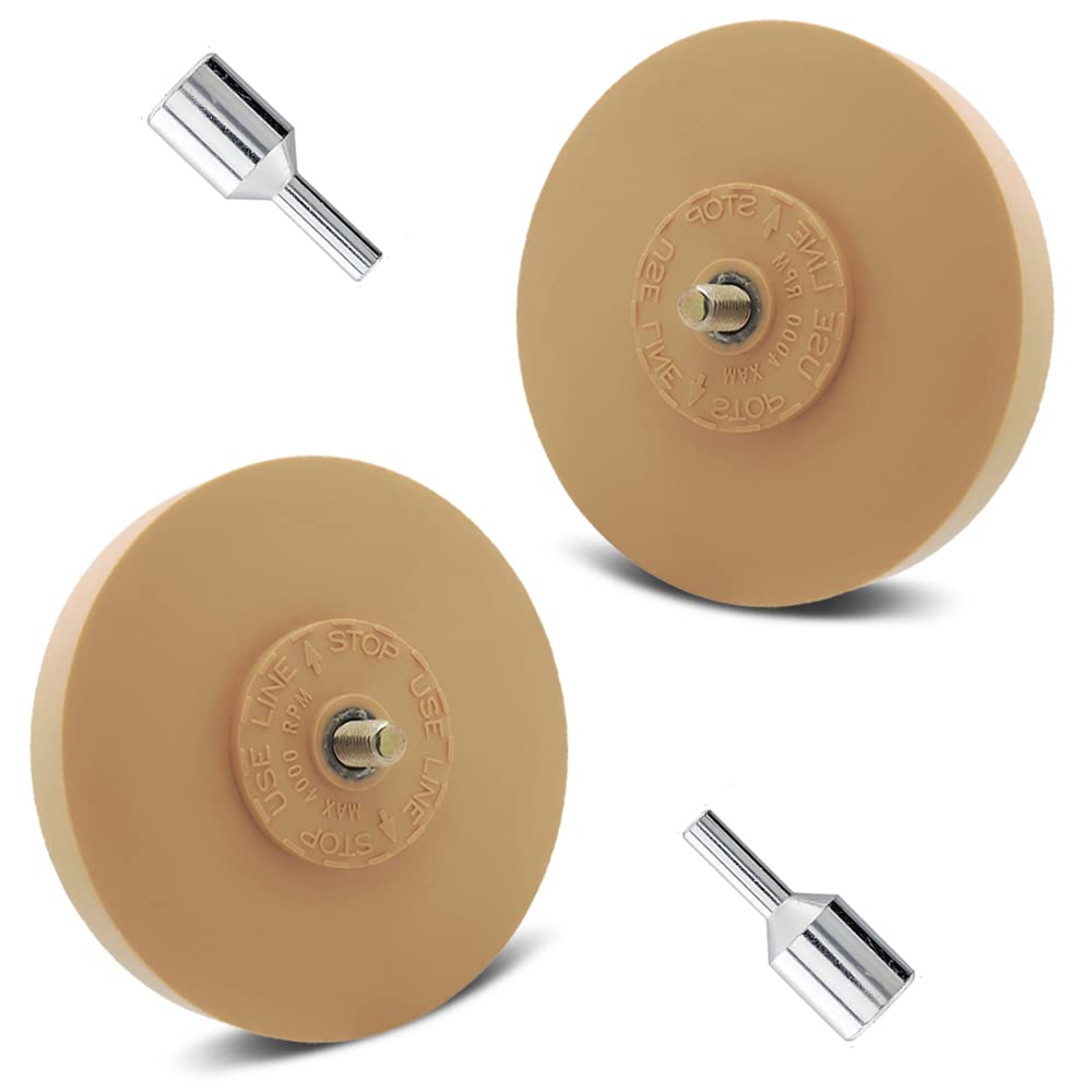 Tucana Rubber Eraser Wheel, Decal and Adhesive Remover Tool, Remove Pinstripes, Stickers and Graphics on Car, RVs, Boat and Trucks 4-inches Diameter, 1 Inch Thick with Drill Adapter (Pack of 2)