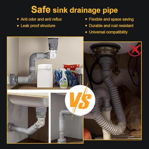 Image of Adjustable Anti-Odor Sink Drain Pipe Kit for Bathroom & Kitchen | Flexible Leak-Proof Waste Pipe with Deodorizing Trap, Fast Drainage Hose, Universal Fit & Easy DIY Installation