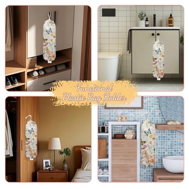 Wildflowers Butterfly Plastic Bag Holder, Wall Mount Grocery Bag Holder, Plastic Storage bag, Pull Rope Free Adjustment, Plastic Bag Holders for Grocery Bags, Plastic Bag Dispenser for Kitchen
