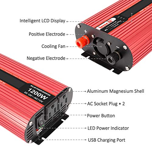 Car Power Inverter, imoli 1200W/2400W(Peak) DC 12V to AC 110V Converter Automotive Modified Sine Wave 3.1A USB 2 AC Outlets with LCD Digital Display