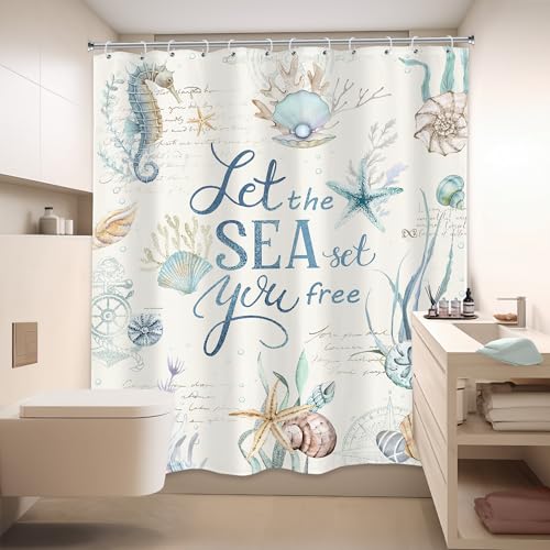 LIGHTINHOME Nautical Coastal Quotes Shower Curtain 60Wx72H Inches Rustic Ocean Themed Beach Seashell Coral Starfish Inspirational Cloth Fabric Waterproof Polyester Bathroom Home Decor Set with Hooks - Image 4