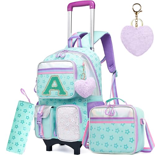 Image of Meetbelify 3 in 1 Backpack with Wheels for Girls Rolling Letter Backpack Cute Carry on Backpack Kids Luggage with Lunch Box Pencil Case for Elementary Student