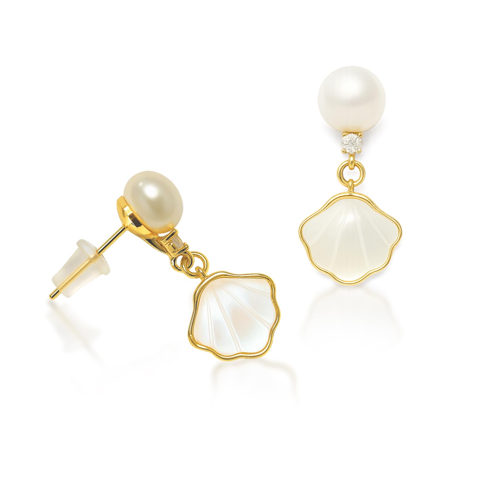 18K Mother of Pearl shell in Yellow Gold-Plated Earring Seashell Stud Dangle Earring for Women Dainty White Enamel