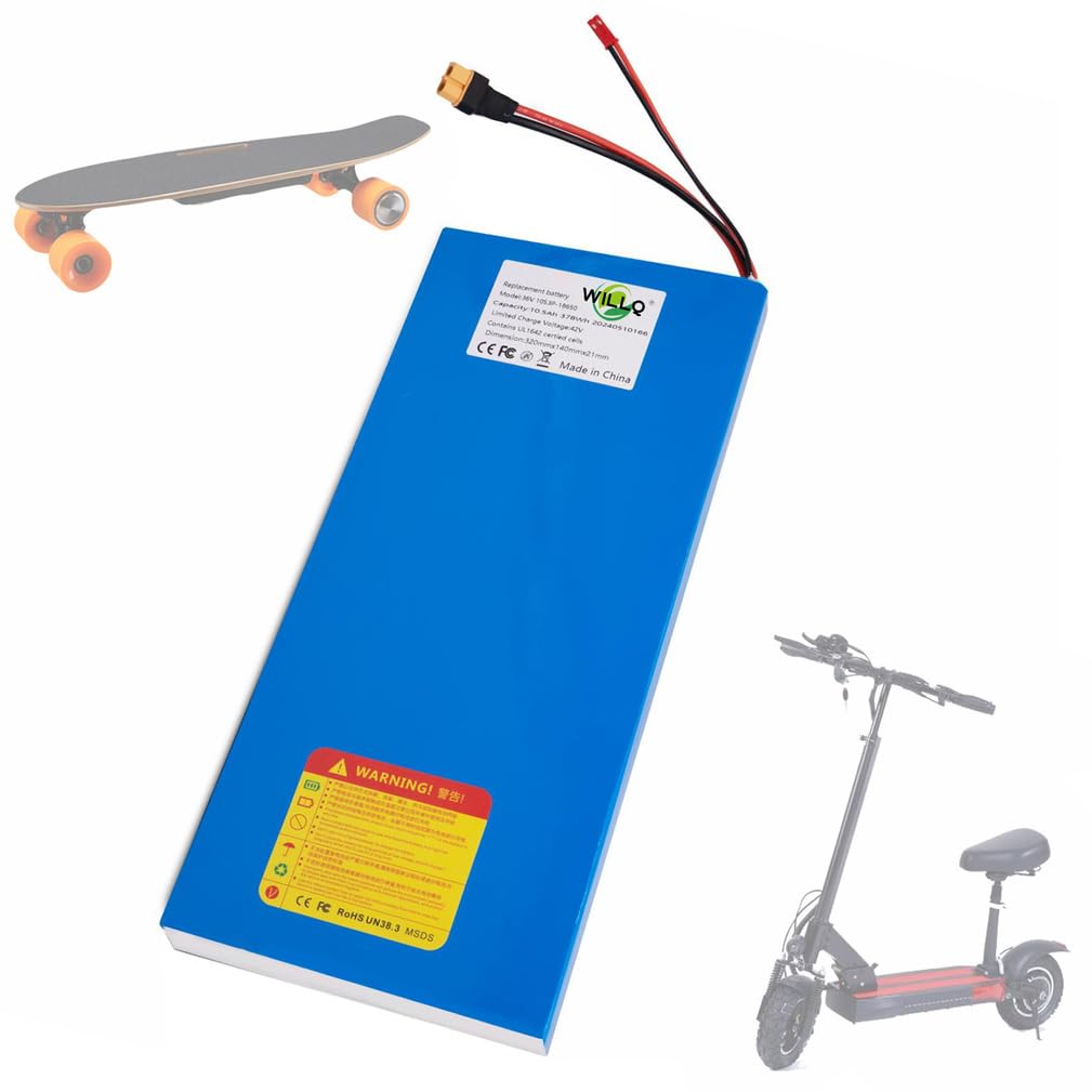 Batteria litio 36V 10,5Ah pacco batteria ricambio per skateboard elettrico | Batterie per scooter da 36 Volt, con connettori JST e XT30, involucro in PVC blu, facili da installare e rimuovere.