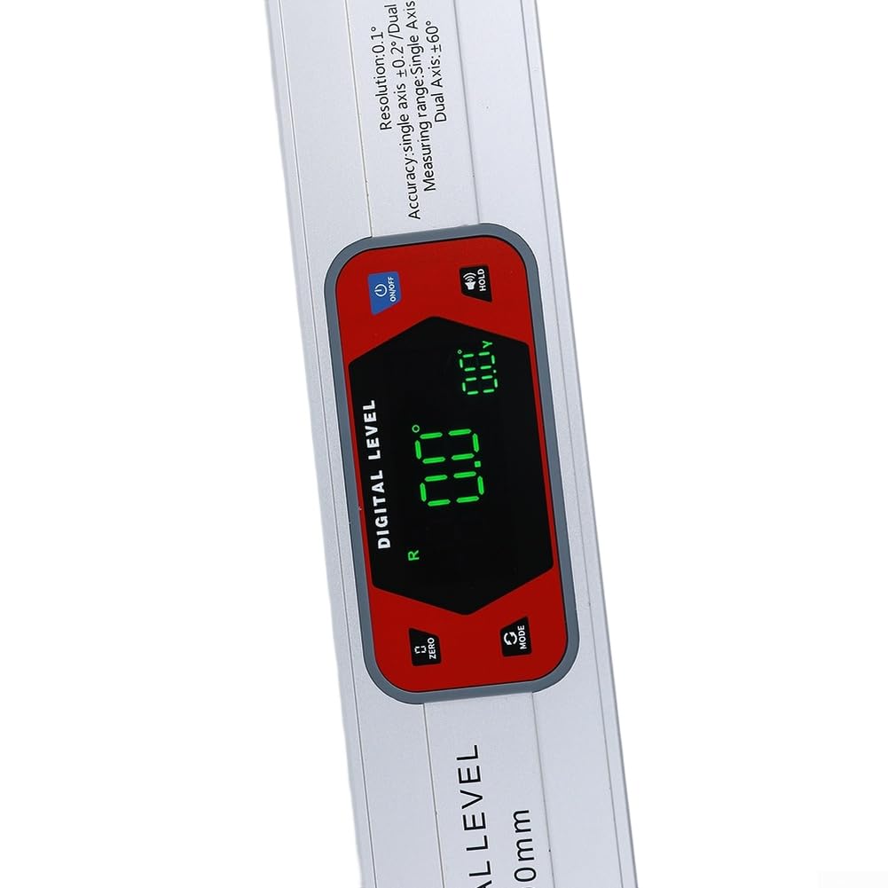 Nivel digital 400 mm con pantalla digital, inclinómetro biaxial y base magnética, notificación acústica a 0°/30°/45°/60°/90°, superficies metálicas, para mediciones precisas de ángulo