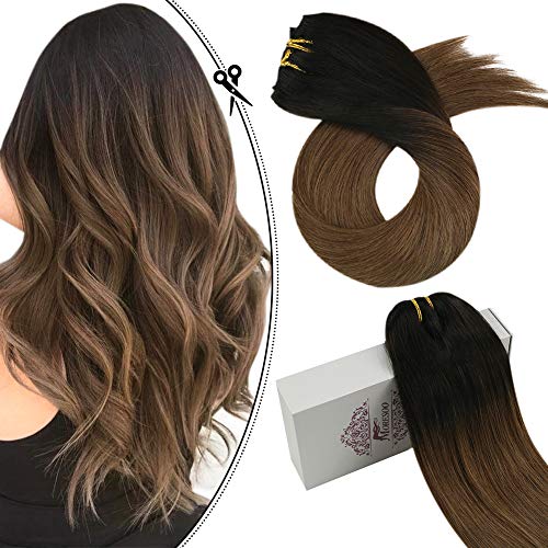 Moresoo 16 Inch Clip in Hair Extensions Human Hair Clip in Remy Hair Extensions Ombre Color #1B Off Black to #10 Gold Brown Full Head Set Natural Hair Clip in Extensions 7PCS 100G