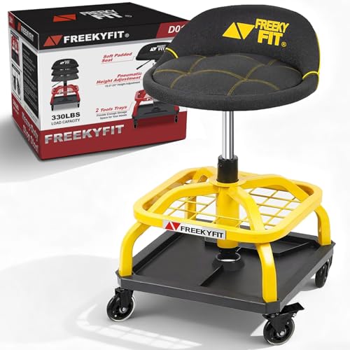 FreekyFit Rolling Shop Stool with Wheels Garage Work Mechanic Stool with Backrest Roller Mechanic Chair Adjustable Height 360 Swivel Tool Tray Storage 330 LBS Capacity Heavy Duty Yellow
