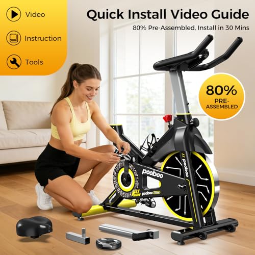 Image of POOBOO Magnetic Exercise Bike, Quiet Stationary Bike with APP and 350lbs Weight Capacity, Indoor Cycling Bike with LCD Monitor and Tablet Holder, Heavy Duty Workout Bike for Home Gym Weight Loss