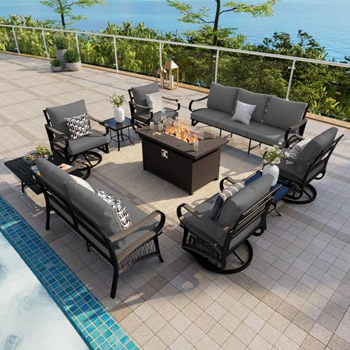 Image of 10-Piece Outdoor Furniture Set, Metal Swivel Rocking Chairs with All-Weather Cushions, Patio Conversation Set with Fire Pit Table for Deck, Porch, Garden, Backyard, Poolside (Gray Cushions)
