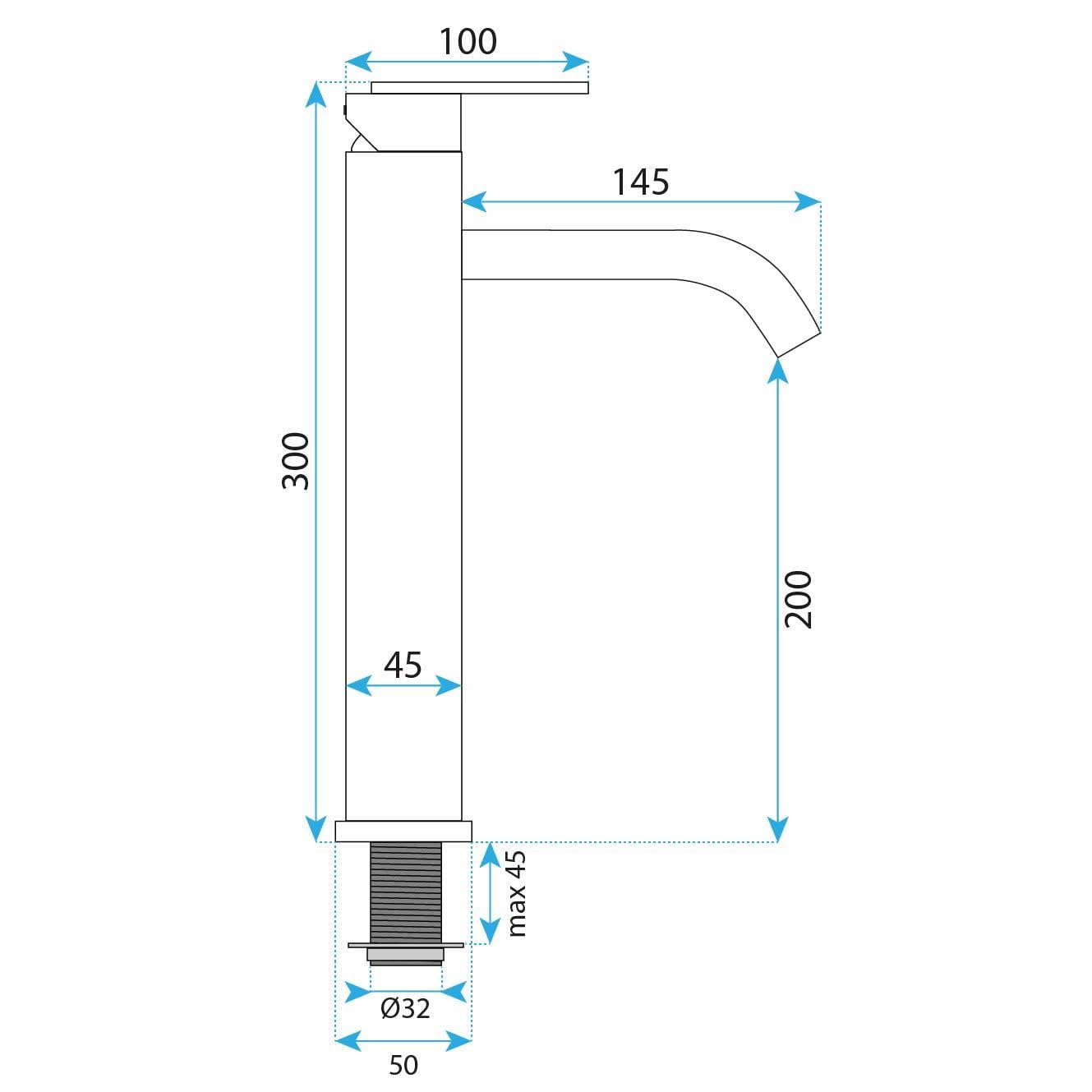 Rea - Ontario Js-11801-1B High Rubinetto Da Lavabo Nero, Miscelatore Per Bagno In Ottone Con Maniglia Singola, Rubinetto Per Lavaggio A Mano Regolabile Caldo E Freddo 14,5x4,5x30cm
