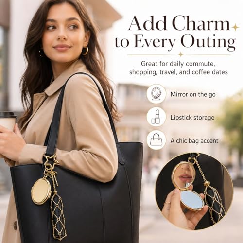 Image of BendJoy Lipstick Holder Keychain with Mirror | 2-in-1 Portable Lipstick & Mirror, Compact Design, Stylish Bag Charm Accessory Cute & Functional | Touch-Up Mirror | Lip Balm Holder | Durable Metal