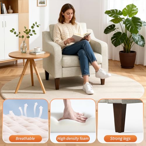 Image of FDW | Accent Chair | Upholstered Arm Chair | Spring Cushion High Density Foam | Durable Wood Legs | Mid-Century Modern Design | Fabric Beige | Living Room, Bedroom, Reading Room, or Apartment
