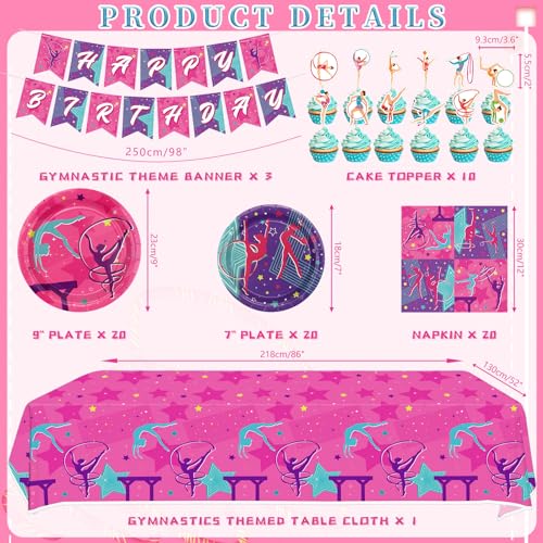Gymnastics Birthday Party Decorations - Gymnastics Theme Party Supplies for Your Little Dance Gymnasts with Gymnastics Banner, Tablecloth, Plates, Napkins, Tableware, Serves 20 - Image 4