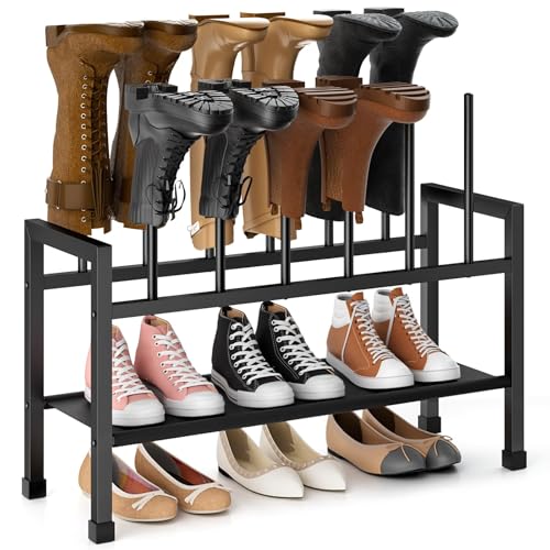 Mavivegue 2-in-1 Boot Rack & Shoe Rack 2-Tier Detachable Standing Shoe Rack Space Saving Metal Shoe Storage Organizer for Outdoor Hallway Entryway Closet Holds 6-12 Pairs (Black)