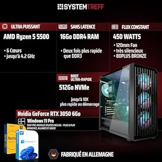 SYSTEMTREFF PC Gamer Basique AMD Ryzen 5 5500 6x4.2GHz | Nvidia RTX 3050 6Go DX12 | 512Go M.2 NVMe | 16Go DDR4 RAM | Windows 11 | Ordinateur de Bureau pour Les Joueurs, Les Gamers & Streamer