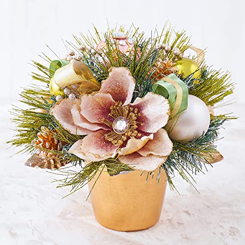 Holiday Tree Christmas Centerpiece - Blush Magnolia Arrangement with Pot Handcrafted - Jeweled Glittery Magnolia, Golden Pinecone, Ribbon, and Greenery Pine Needle (13