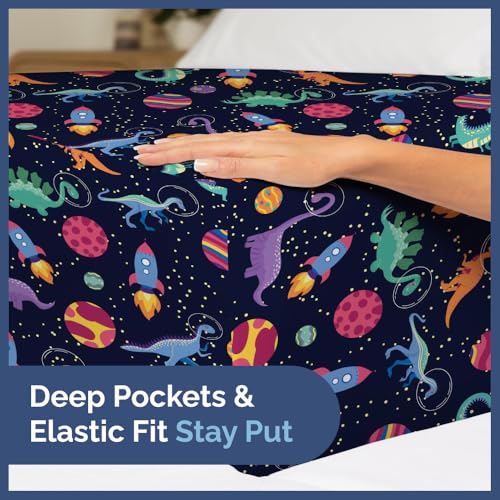Image of Kids Queen Size Space Dino Bed Sheets - 4 Piece Kids Space Dino Sheet Set | Space Dino Themed Bedding, Ultra-Soft, Cute & Cozy, Breathable & Machine Washable, Bed Set for Boys, Girls & Teens & Cooling