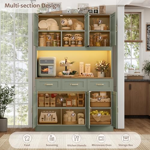 Image of HOSTACK Kitchen Pantry Storage Cabinet, Tall Kitchen Hutch Cabinet, Green | 47 inchW Food Pantry Cabinet with Smart LED / Charging Station / Countertop / 3 Large Drawers, 72 inchH Storage Hutch for Dining Room