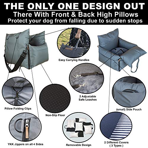 Pet Dog Car Seat Booster With Safety Pillows for Small and Medium Dogs up to 30 lbs - Travel Bed With Handles, Water Resistant, 2 Leashes and Belts