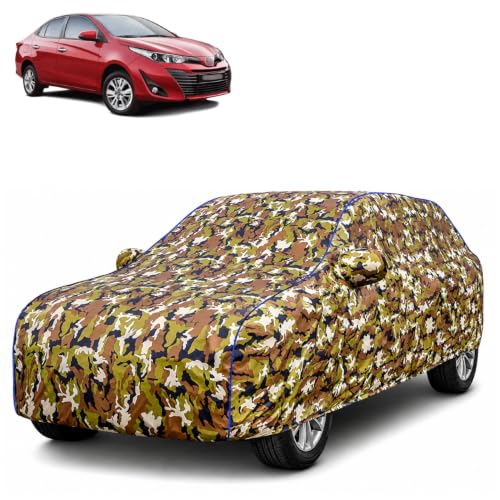 Image of Waterproof Car Body Cover for Toyota Yaris with Mirror Pocket| Cotton Inner Lining | Triple Stitched | All Weather Protection | Dust, UV & Rain Proof (Camouflage with Blue Piping)