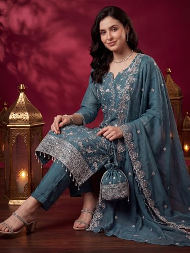 Image of INDO ERA Women's Silk Blend Straight Kurta with Pant & Dupatta Set
