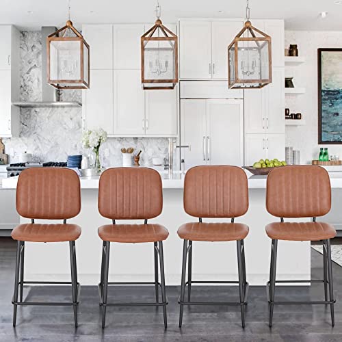 Alpha Home Bar Stools Set Of 4, Counter Stools With High Back, Modern Upholstered Cushion Barstools Chair With Metal Frame For Kitchen Dining Cafe Indoor Outdoor, 24 Inch, Brown, 4Pcs #TOP21