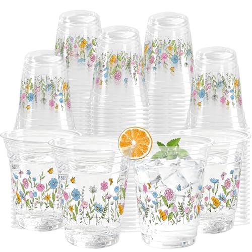KOPOOEOE 100 Pcs Wildflower Clear Cups 12 oz Plastic Flowers Disposable Drinking Cups Bulk for Spring Groovy Party Floral Baby Shower Birthday Supplies