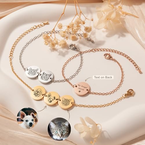 Anavia Personalized 1/2/3 Disc Pet Portrait Bracelet, Handmade Pet Memorial Photo Engraved Jewelry Gift, Glossy Stainless Steel Multiple Round Disc Chain Bracelet for Dog Cat Small Animal Lovers2