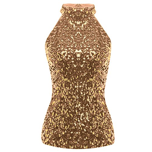 TiaoBug Damen Top Tank Glitzer Träger Shirt Pailletten verziert Ärmellos Weste Tank Tops Vielfältig kombinierbar Einheitgröße (9 Farben abwählbar) (Modell 2 One Size, Gold Stehkragen) Cover