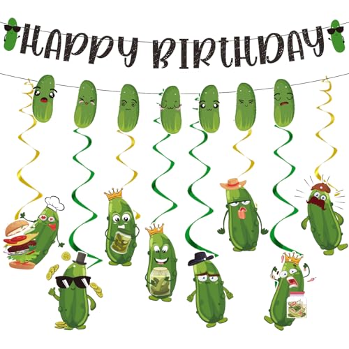 Image of Pickle Birthday Party Decorations - 10PCS Funny Pickle Party Decorations Happy Birthday Banner Hanging Swirls Cartoon Cucumber Dill Party Decor Fruit Vegetable Theme Party Supplies