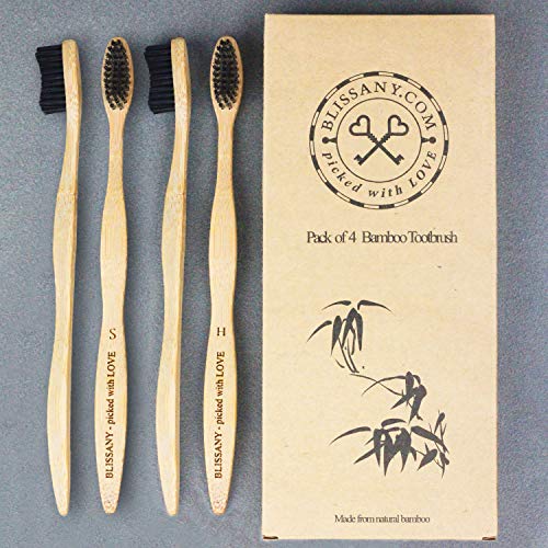 Pack de 4 Bamboo Toothbrush by BLISSANY® - hecho de madera de bambú sostenible, 100% libre de BPA, vegano, respetuoso con el medio ambiente (4 piezas)