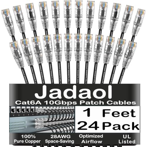 Jadaol [UL Listed] Cat6A Patch Cables 1ft (24 Pack) 10Gbps 550MHz Slim Cat 6A Ethernet Patch Cables Snagless Cat6 Patch Cables for Patch Panel Switch Server Rack Data Center - Black