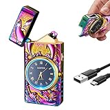 COMANYI 電子ライター プラズマライター 充電式ライター 防風アーク点火 懐中電灯＆LED時計文字盤付き USB充電式 高級金属彫刻デザイン (イルカ、カラー)
