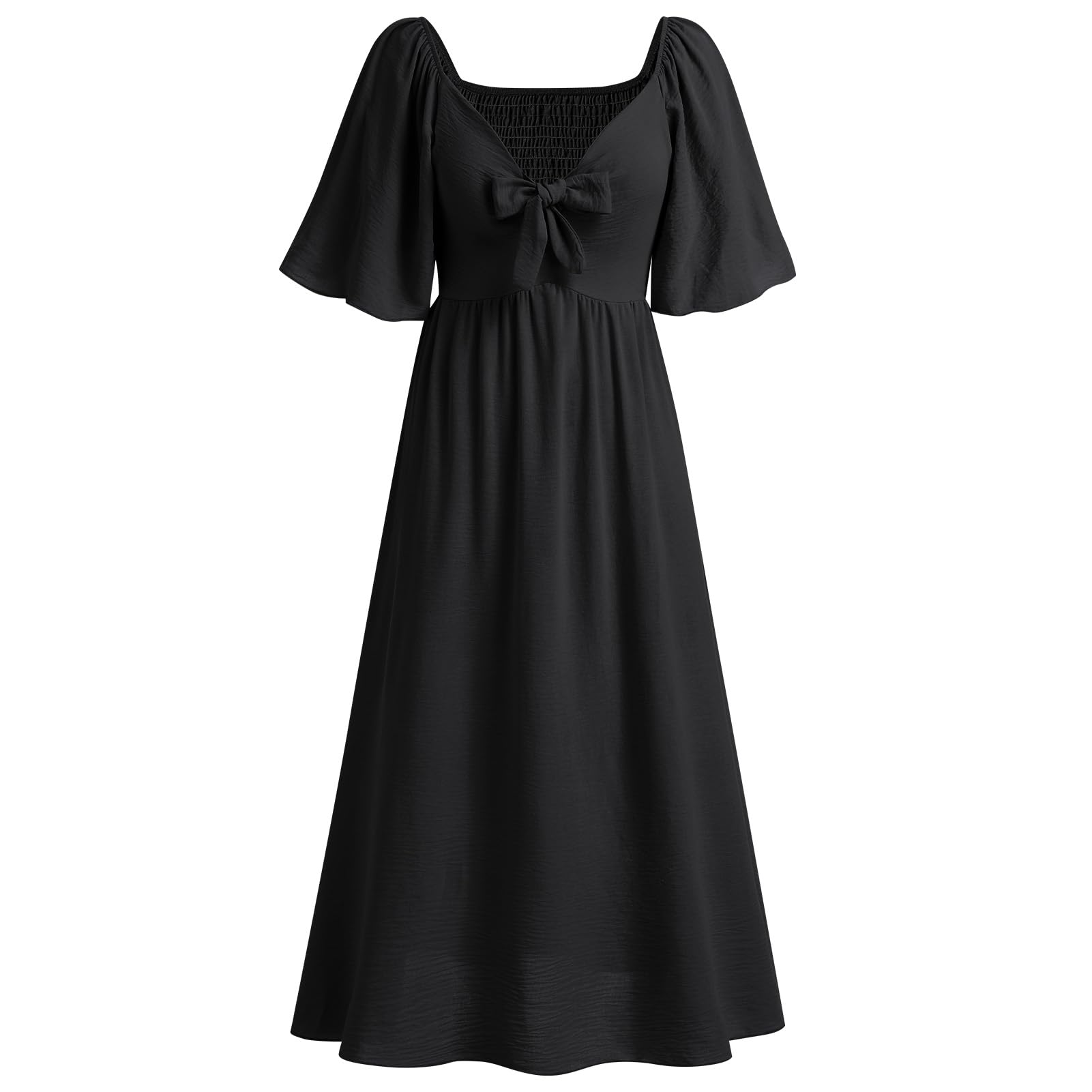 IDOPIP Kleid Damen Sommer Kurzarm Freizeitkleid mit Fliege Einfarig V-Ausschnitt Midikleid A-Linie Partykleid Cocktailkleid Elegant Festlich Hochzeit
