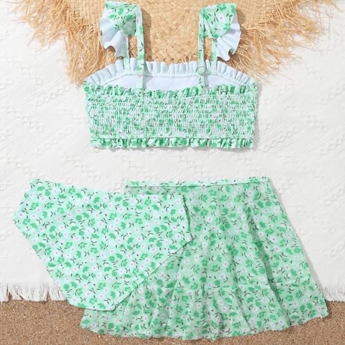 Girls Kids 3 Piece Swimsuit Floral Ruched Ruffle Bathing Suit Sets and Cover Up Skirt Swimwear for Toddler Girl Beach4