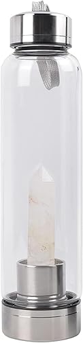 Queemie Botella de agua de cristal de cuarzo transparente, de acero inoxidable, con piedras preciosas blancas, taza de energía, copa deportiva,